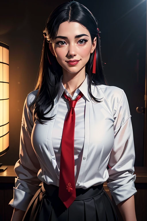 1girl,japanese  uniform,white blouse,red necktie,black jacket,short gray skirt,long black hair,hair ribbon,friendly smile,relaxed pose,(best quality,8k,highres,masterpiece:1.2),ultra-detailed,(realistic,photorealistic,photo-realistic:1.37),studio lighting,vivid colors,intricate details