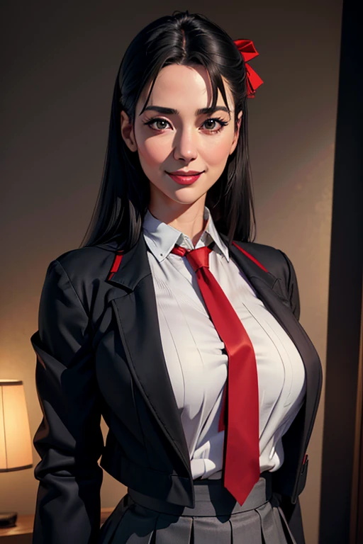 1girl,japanese  uniform,white blouse,red necktie,black jacket,short gray skirt,long black hair,hair ribbon,friendly smile,relaxed pose,(best quality,8k,highres,masterpiece:1.2),ultra-detailed,(realistic,photorealistic,photo-realistic:1.37),studio lighting,vivid colors,intricate details