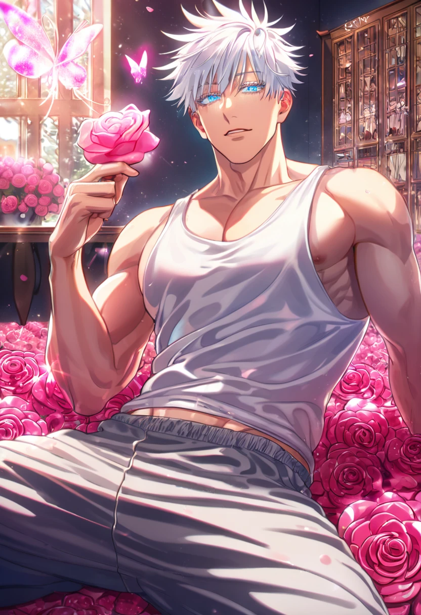 Ultra detailed, HDR, Highres, absurdres, master piece, Gojou Satoru, white hair with bangs, white eyelashes, expressive blue eyes, white tank top, toned chest, gray training pants, Jujutsu Kaisen, sexy man, solo, pink glittering butterflies, pink ice, petals, pink ice glass roses, sexy man, sensual, handsome, glittering, fantasy, magical, room, horny,