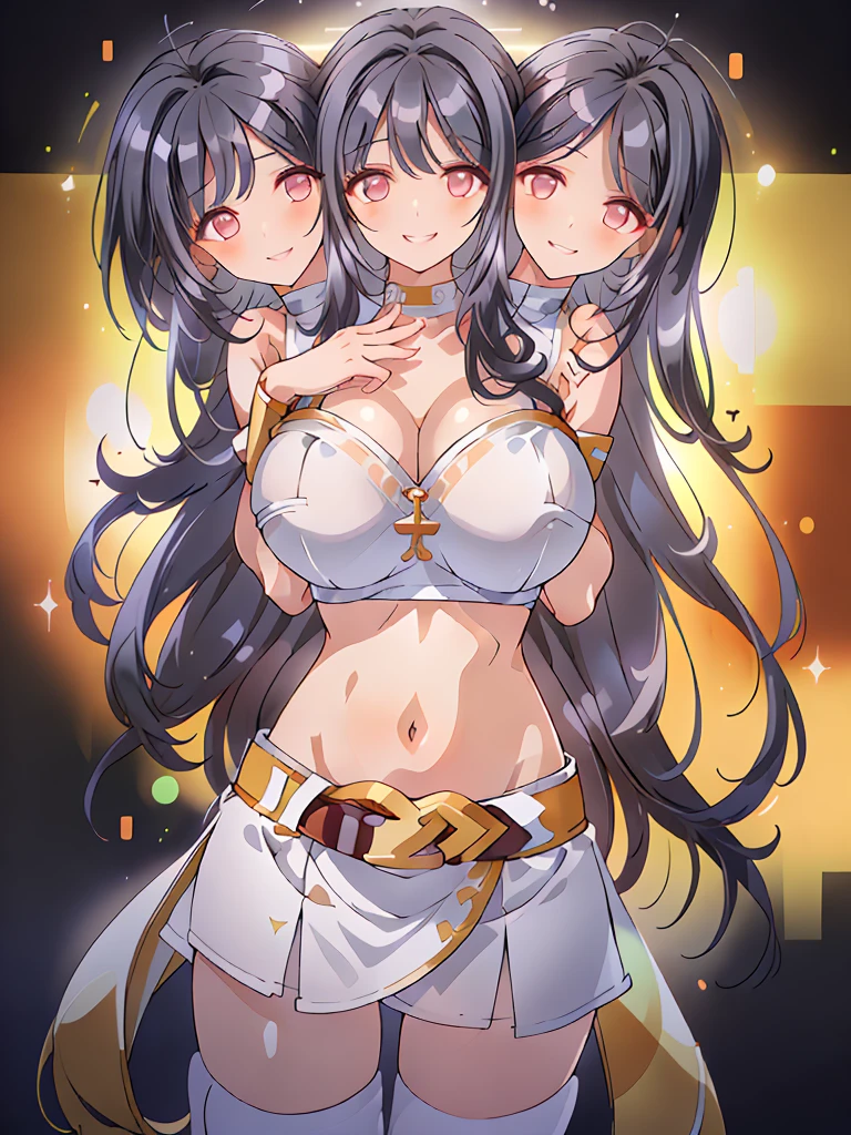 (masterpiece, best quality), best resolution, (3heads:1.5), 1girl, black hair, long flowing hair, smiling, seductive smile, open belly, white crop top, white miniskirt, open breasts, big tits, very huge breasts, black headband, beautiful eyes, detailed eyes, alluring presence,
