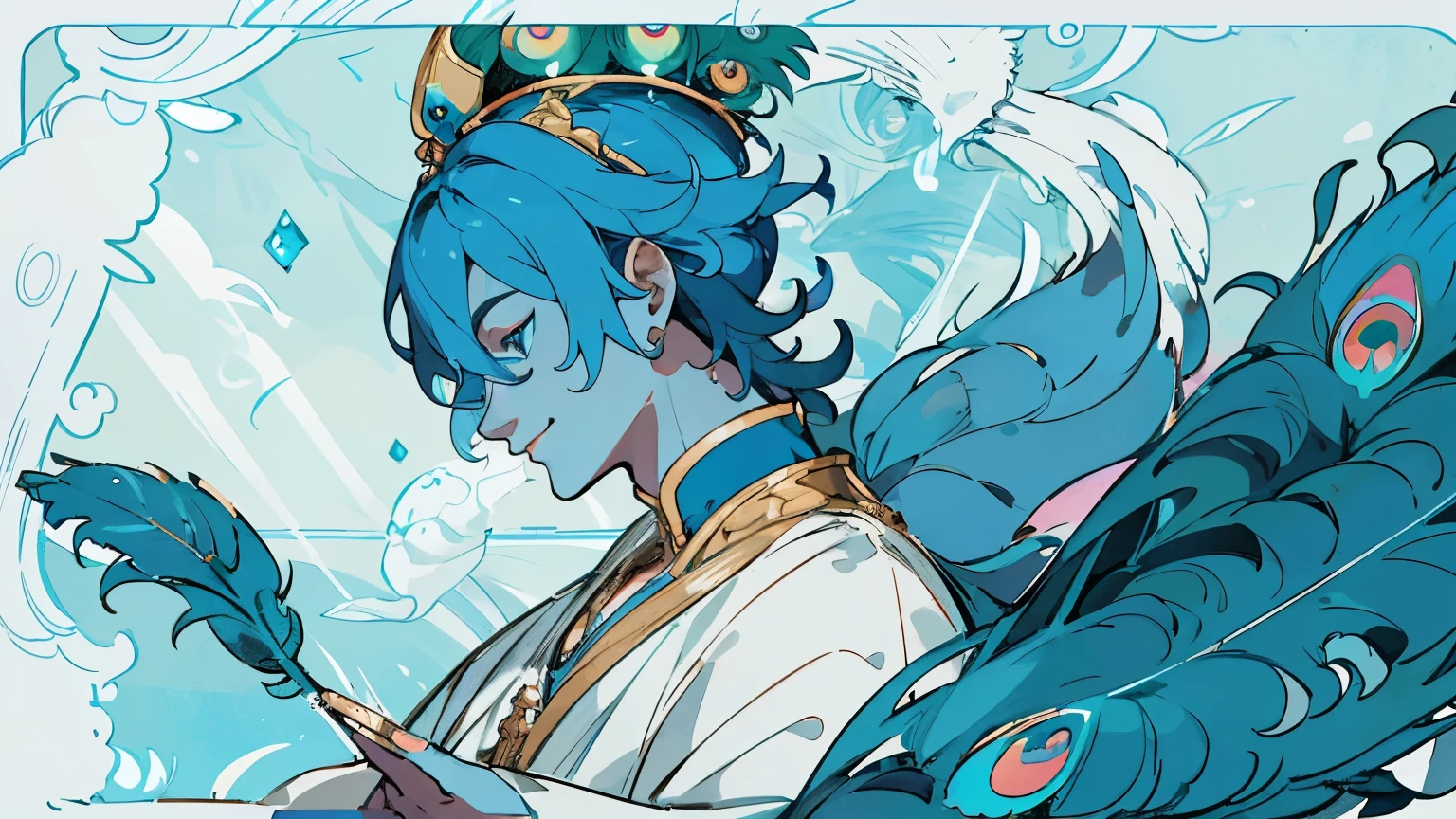 close up, side view, Lord Krishna, blue skin tone, male, handsome, detail, anime style, blue skin tone , blue full body, hindi, smiling , divine nature, peacock feather on head, HD, detail face, detail body