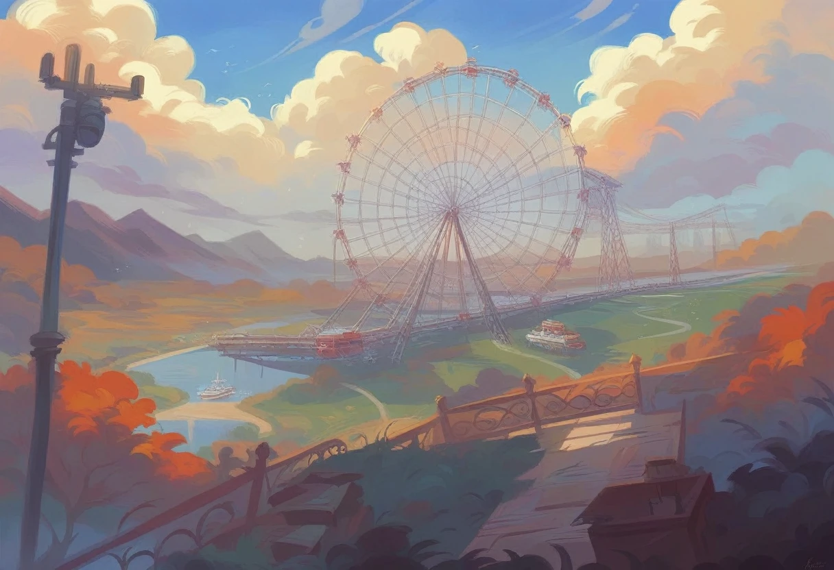 The scenery outside the window of the gondola at the top of the Ferris wheel, can see roller coasters, carousels, haunted teacups, and more, distant view, outside the amusement park is a residential area, mountains can be seen in the distance, amusement park,It is late autumn, Cloudy,