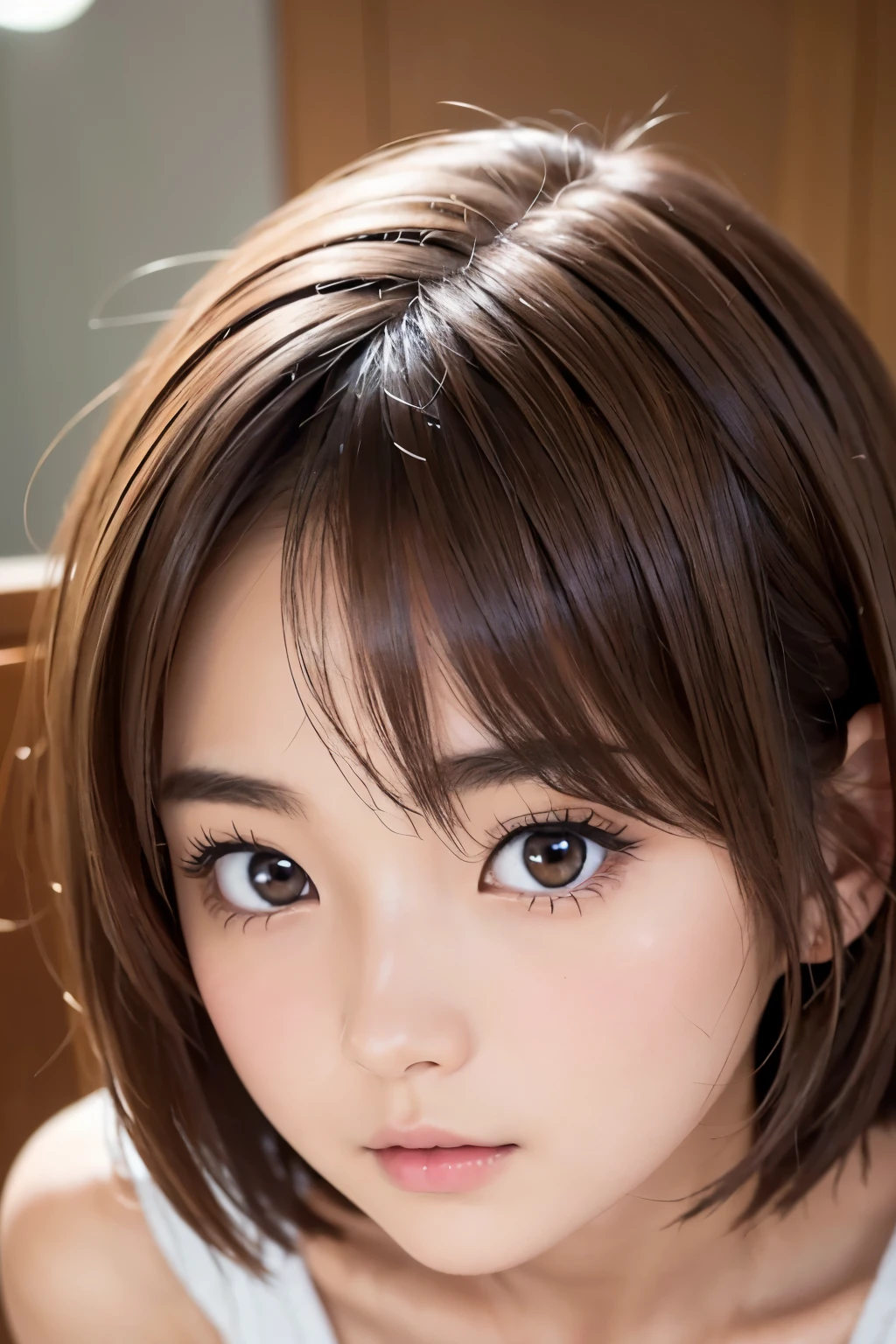 Cute 16 year old Japan、Highly detailed face、Attention to detail、double eyelid、Beautiful thin nose、Sharp focus:1.2、beauty:1.4、(Light brown hair、short hair、)、Pure white skin、Highest quality、masterpiece、Ultra-high resolution、(Realistic:1.4)、Highly detailed and professional lighting、Serious expression、Crouching、brm
