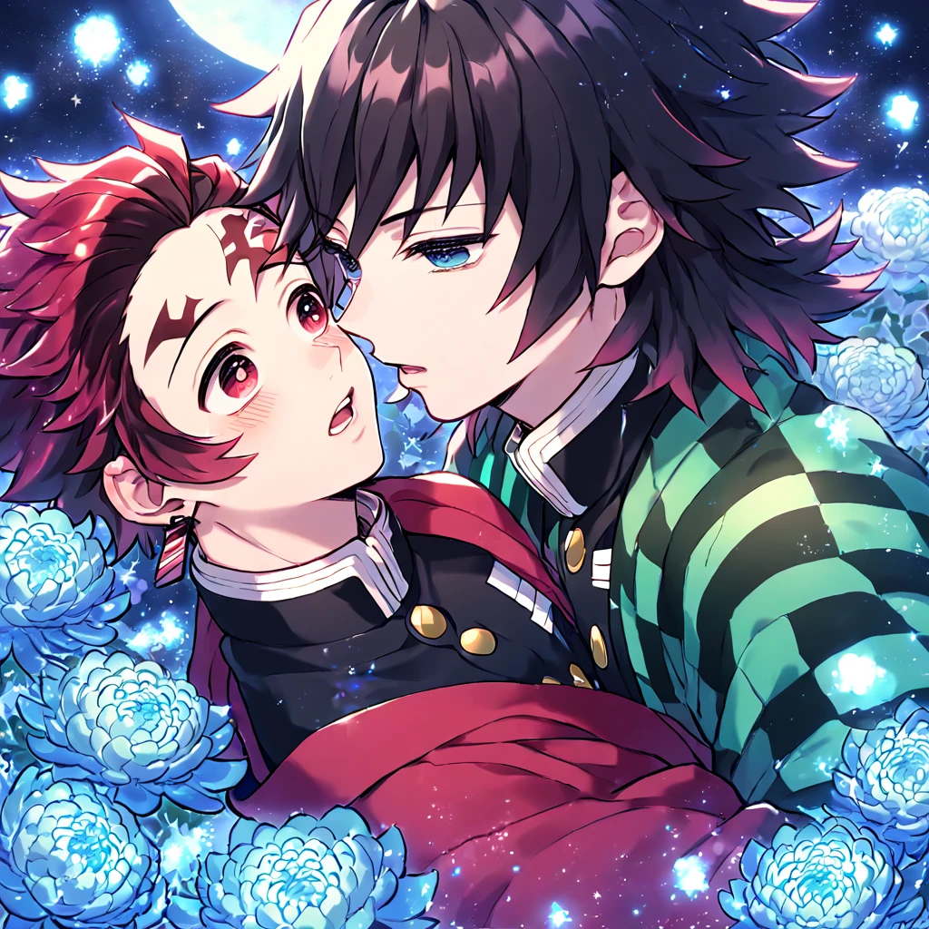 absurdres, highres, ultra detailed, HDR, master piece, best quality, extremely detailed, Tomioka Giyuu, black hair, expressive blue eyes, Kimetsu No Yaiba, Kamado Tanjirou, red burgundy hair, expressive red eyes, two sexy men together, yaoi, gay couple, handsome, green haori, red haori, demon slayer uniform, fantasy, sparkling, blue glittering fireflies, blue moon, blue blossoms, blue chrysanthemums, blue sparkling lights, starry sky, magical