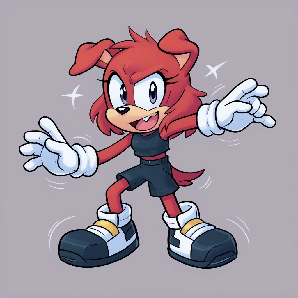 Custom avatar, red dog character, wearing black shorts, in the cyberspace, cgi backround, doing a dyamic pose,
rubber_hose_character,