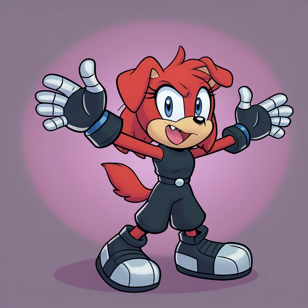 Custom avatar, red dog character, wearing black shorts, in the cyberspace￼, cgi backround, doing a dyamic pose,
rubber_hose_character,
 