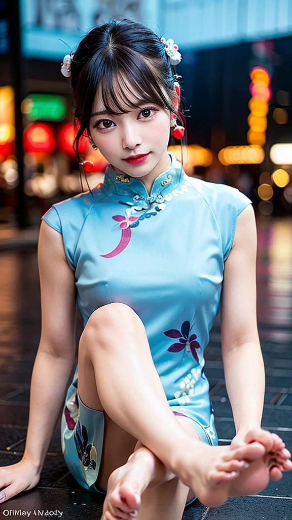 randome pose, (An extremely delicate and beautiful work), (Masterpiece), 1girll, (qipao dress:1.7), (Legs are exposed:1.7), (Show feet:1.7) ,Cute, Narrow waist, Very thin legs, Highly detailed, waist leaking, Ponytail Contortion, Enchanted expression, beautiful and clear eyes, green eye pupil, Delicate necklace, Delicate earrings, Simple blurred background, Extreme detail description, Beautiful, Charming, Ultra-fine painting, Delicate face, Delicate figure, Fine collarbones, lovely lips, Beautiful breasts, soft behind,(8K, RAW photo, Best quality, Masterpiece:1.2), (Realistic, photo-realistic:1.37),1girll,Cute,beach, Night, rain, Wet, Professional lighting, photon maping, Radio City, Physically-based rendering,
