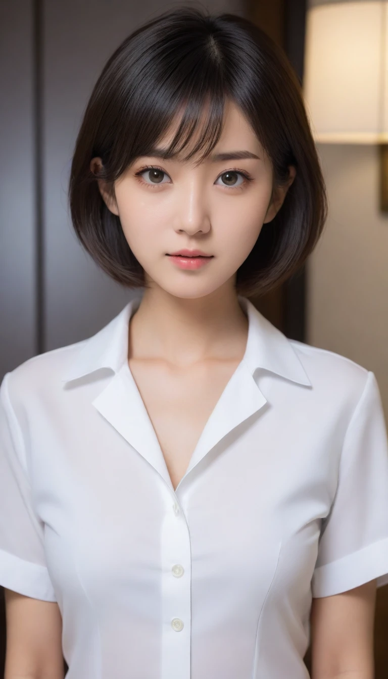 8k, Ultra-high resolution, Highest quality, masterpiece, 三分割法によるphotograph,Surreal, photograph, 1 Girl, (16 years old:1.3), pretty girl, Cute Face, Beautiful eyes in every detail, 細かくdetailedに,masterpiece,One Girl:1.2,Japanese female announcer,upper body,annoyed,Black short hair,Messy hair,White collared shirt,Pencil Skirt, Look forward, Standing posture, Opposition, Dynamic Lighting,Hotel room、 Sharp contours, Light from above, Low contrast, (Side view),Perfect and beautiful face ,完璧でCute Face, Skin with attention to detail, Perfect limbs、Narrow waist,Looking at the audience,(((Ideal body type))),A cup small breasts :2,Portraiture:2,Perfect Anatomy,鮮明なdetailed,detailed,Surreal,Light and shadow,darkness