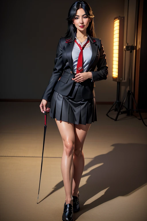 1girl,japanese  uniform,white blouse,red necktie,black jacket,short gray skirt,long black hair,hair ribbon,friendly smile,relaxed,striking a sensual pose,full body,(best quality,8k,highres,masterpiece:1.2),ultra-detailed,(realistic,photorealistic,photo-realistic:1.37),studio lighting,vivid colors,intricate details