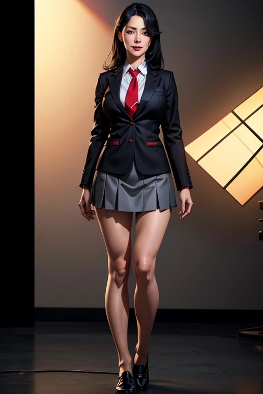 1girl,japanese  uniform,white blouse,red necktie,black jacket,short gray skirt,long black hair,hair ribbon,friendly smile,relaxed,striking a sensual pose,full body,(best quality,8k,highres,masterpiece:1.2),ultra-detailed,(realistic,photorealistic,photo-realistic:1.37),studio lighting,vivid colors,intricate details