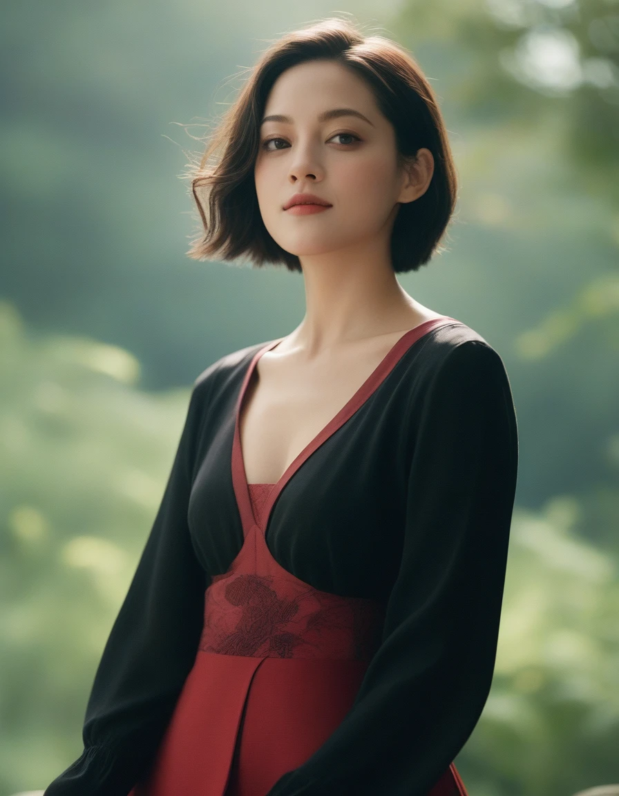 xxmixgirl, upper body of a beautiful cute long and slender face Japanese girl, A gorgeous young cute asian woman in a Glamorous outfit, happy smiling, still from the film, ((young Marion Cotillard face : 1.2)), ((young Anne Hathaway face: 1.0)), from front, realistic portrait photo of a cute 25 years old girl, looks at viewer, wavy nose, full lips, natural skin, skin moles,(cinematic, film grain:1.1), ((asian winged eyes, very long and slender slim face, windy tousled, long straight black bob)), in a dramatic, flowing red dress with intricate black detailing. The dress has a deep neckline and long, tattered sleeves, giving it a dynamic and somewhat ethereal appearance. The woman has a fair complexion, dark hair styled in an elegant updo, and a serious expression. She holds a long, curved sword in her right hand, with the blade reflecting light. The background is a muted, textured green, which contrasts with the vibrant red of her dress. The overall style is highly detailed and realistic, with a focus on the interplay of light and shadow., (Leica SL3, Summicron-SL 75 f/2 ASPH, kodak Ektar 200 film), hands up, bokeh, silhouette, shallowed depth of field, dynamic action pose, hands up,