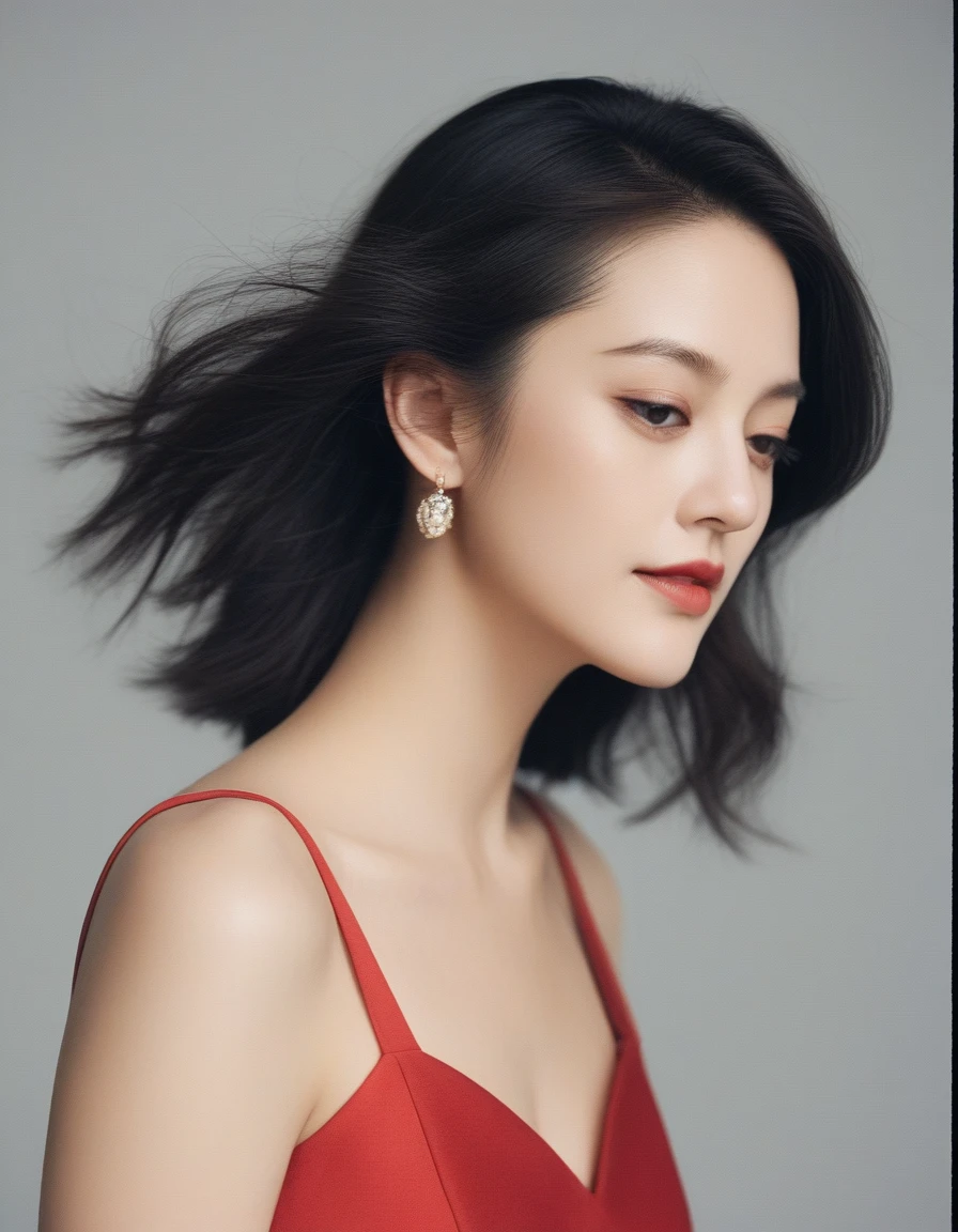 xxmixgirl, upper body of a beautiful cute long and slender face Japanese girl, A gorgeous young cute asian woman in a Glamorous outfit, happy smiling, still from the film, ((young Marion Cotillard face : 1.2)), ((young Anne Hathaway face: 1.0)), from front, realistic portrait photo of a cute 25 years old girl, looks at viewer, wavy nose, full lips, natural skin, skin moles,(cinematic, film grain:1.1), ((asian winged eyes, very long and slender slim face, windy tousled, long straight black bob)), in a dramatic, flowing red dress with intricate black detailing. The dress has a deep neckline and long, tattered sleeves, giving it a dynamic and somewhat ethereal appearance. The woman has a fair complexion, dark hair styled in an elegant updo, and a serious expression. She holds a long, curved sword in her right hand, with the blade reflecting light. The background is a muted, textured green, which contrasts with the vibrant red of her dress. The overall style is highly detailed and realistic, with a focus on the interplay of light and shadow., (Leica SL3, Summicron-SL 75 f/2 ASPH, kodak Ektar 200 film), hands up, bokeh, silhouette, shallowed depth of field, dynamic action pose, hands up,
