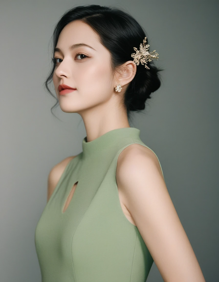 xxmixgirl, upper body of a beautiful cute long and slender face Japanese girl, A gorgeous young cute asian woman in a Glamorous outfit, happy smiling, still from the film, ((young Marion Cotillard face : 1.2)), ((young Anne Hathaway face: 1.0)), from front, realistic portrait photo of a cute 25 years old girl, looks at viewer, wavy nose, full lips, natural skin, skin moles,(cinematic, film grain:1.1), ((asian winged eyes, very long and slender slim face, windy tousled, long straight black bob)), in a dramatic, flowing red dress with intricate black detailing. The dress has a deep neckline and long, tattered sleeves, giving it a dynamic and somewhat ethereal appearance. The woman has a fair complexion, dark hair styled in an elegant updo, and a serious expression. She holds a long, curved sword in her right hand, with the blade reflecting light. The background is a muted, textured green, which contrasts with the vibrant red of her dress. The overall style is highly detailed and realistic, with a focus on the interplay of light and shadow., (Leica SL3, Summicron-SL 75 f/2 ASPH, kodak Ektar 200 film), hands up, bokeh, silhouette, shallowed depth of field, dynamic action pose, hands up,