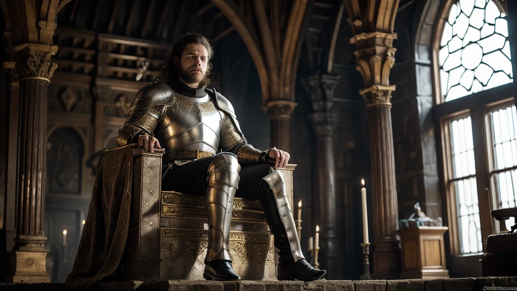 A photorealistic young white king man with a curly black hair sitted lonely on a massive throne with black angel wings, game of thrones, lord of the rings, medieval white and golden armor, black crown, white young man king with a curly hair