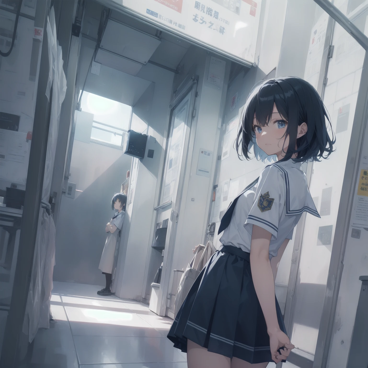 ultra-absurdres-Top quality by artist God, ultra-detailed, high resolution, anime moe artstyle, best anime 8k konachan wallpaper, pixiv contest winner, pool:2810, perfect anatomy,break, 1girl, (Please draw a girl walking sleepily to school alone. )break,(Solo,little female, 13-year-old:1.3),Full limbs, complete fingers,a junior high school student, (very short hair), short cut, flat chest, , small butt, small black eyes, beautiful detailed eyes, well-proportioned iris and pupils, expressive eyes, highres detailed hair, soft expression, salor school_uniform, sailor collar, serahuku, bow, pleated skirt,(Detailed Lighting), (Detailed background), in the School commute route. break,super detailed skin, Best cinematic lighting powered by famous artist, 8k,beauty illustration,photoshop_(medium),very aesthetic,break,((artist:fujima_takuya )), artist:clamp ,artist:carnelian ,artist:kantoku ,