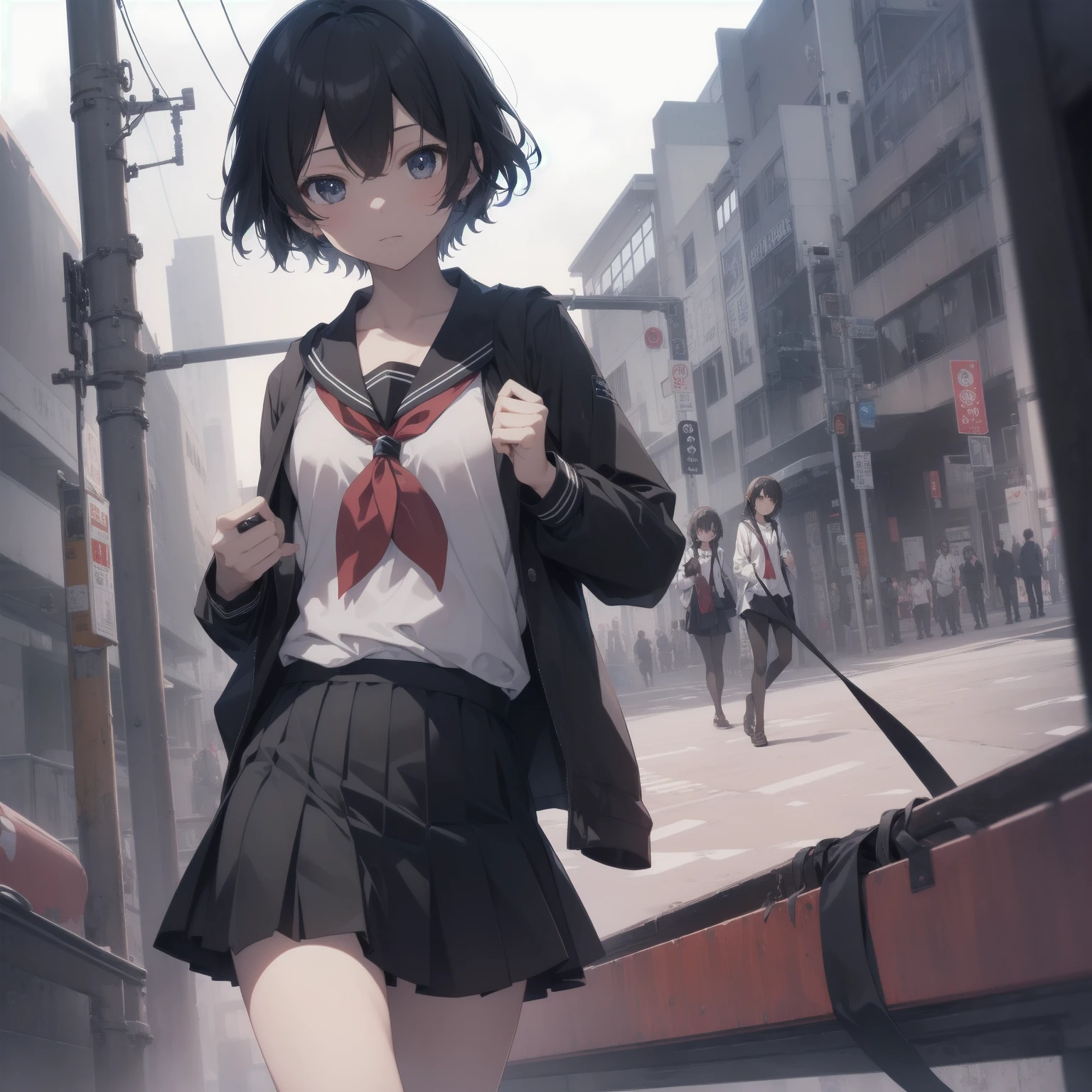 ultra-absurdres-Top quality by artist God, ultra-detailed, high resolution, anime moe artstyle, best anime 8k konachan wallpaper, pixiv contest winner, pool:2810, perfect anatomy,break, 1girl, (Please draw a girl walking sleepily to school alone. )break,(Solo,little female, 13-year-old:1.3),Full limbs, complete fingers,a junior high school student, (very short hair), short cut, flat chest, , small butt, small black eyes, beautiful detailed eyes, well-proportioned iris and pupils, expressive eyes, highres detailed hair, soft expression, salor school_uniform, sailor collar, serahuku, bow, pleated skirt,(Detailed Lighting), (Detailed background), in the School commute route. break,super detailed skin, Best cinematic lighting powered by famous artist, 8k,beauty illustration,photoshop_(medium),very aesthetic,break,((artist:fujima_takuya )), artist:clamp ,artist:carnelian ,artist:kantoku ,