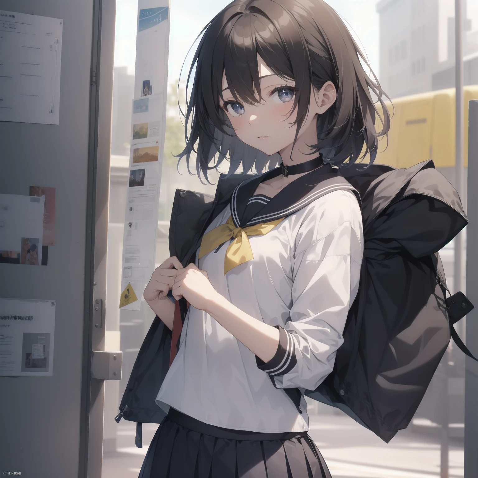 ultra-absurdres-Top quality by artist God, ultra-detailed, high resolution, anime moe artstyle, best anime 8k konachan wallpaper, pixiv contest winner, pool:2810, perfect anatomy,break, 1girl, (Please draw a girl walking sleepily to school alone. )break,(Solo,little female, 13-year-old:1.3),Full limbs, complete fingers,a junior high school student, (very short hair), short cut, flat chest, , small butt, small black eyes, beautiful detailed eyes, well-proportioned iris and pupils, expressive eyes, highres detailed hair, soft expression, salor school_uniform, sailor collar, serahuku, bow, pleated skirt,(Detailed Lighting), (Detailed background), in the School commute route. break,super detailed skin, Best cinematic lighting powered by famous artist, 8k,beauty illustration,photoshop_(medium),very aesthetic,break,((artist:fujima_takuya )), artist:clamp ,artist:carnelian ,artist:kantoku ,