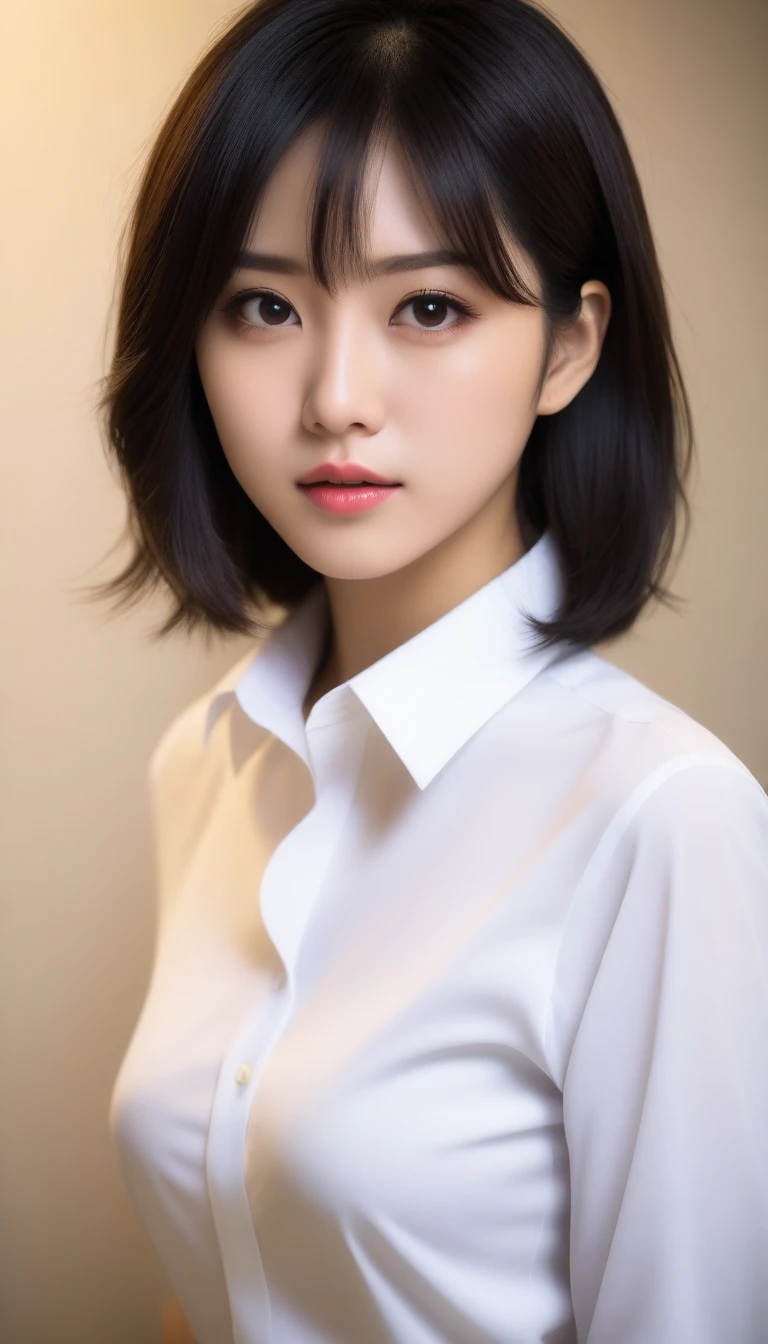 8k, Ultra-high resolution, Highest quality, masterpiece, 三分割法によるphotograph,Surreal, photograph, 1 Girl, (:1.3), pretty girl, Cute Face, Beautiful eyes in every detail, 細かくdetailedに,masterpiece,One Girl:1.2,Japanese female announcer,upper body,annoyed,Black short hair,Messy hair,White collared shirt,Pencil Skirt, Look forward, Standing posture, Opposition, Dynamic Lighting,Hotel room、 Sharp contours, Light from above, Low contrast, (Side view),Perfect and beautiful face ,完璧でCute Face, Skin with attention to detail, Perfect limbs、Narrow waist,Looking at the audience,(((Ideal body type))),A cup small breasts :2,Portraiture:2,Perfect Anatomy,鮮明なdetailed,detailed,Surreal,Light and shadow,darkness