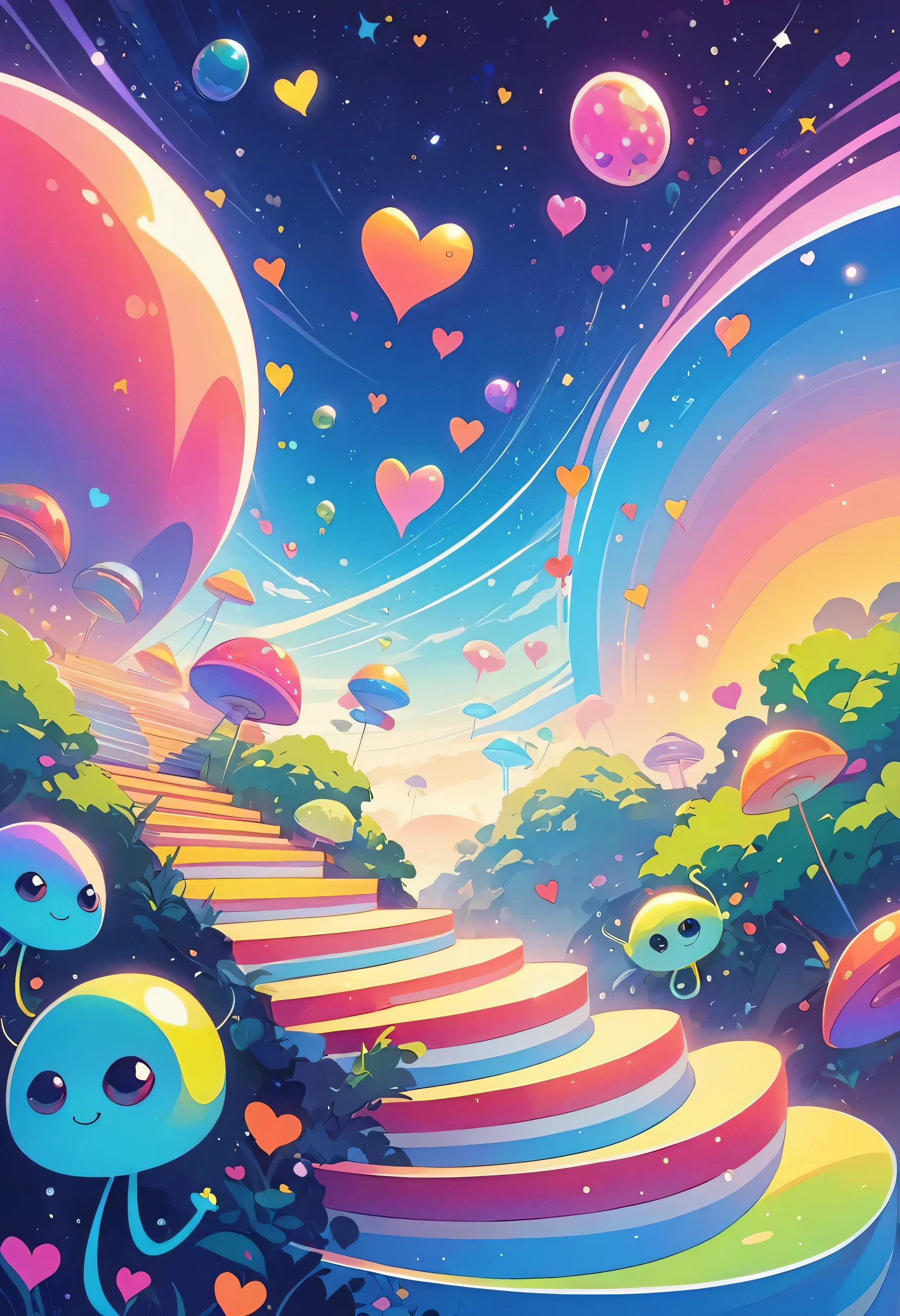 12stairs colorfull style, Simple Line Initialism，Abstract art, girls, colorful hearts, funny design, (((Cute Aliens))), The background is space