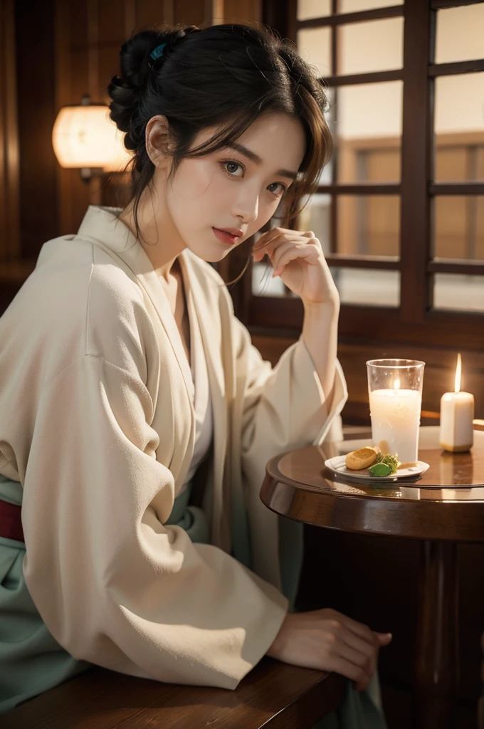 (((best quality))),(((ultra detailed))),(((masterpiece))),illustration,1girl,japanese woman,izakaya,summer,rain,kimono,neat bun,porcelain skin,rouge,dimly lit,warm glow,ethereal,low table,crossed legs,sake bottle,half-empty,empty glasses,tray,grilled fish,steamed vegetables,half-eaten,forgotten,melancholic smile,storm,solitude,enigmatic aura,tranquility,chaos,simplicity,complexity,emotions,sips sake,face softens,memories,frozen moment,photograph,glance,inner world,mysterious,captivating