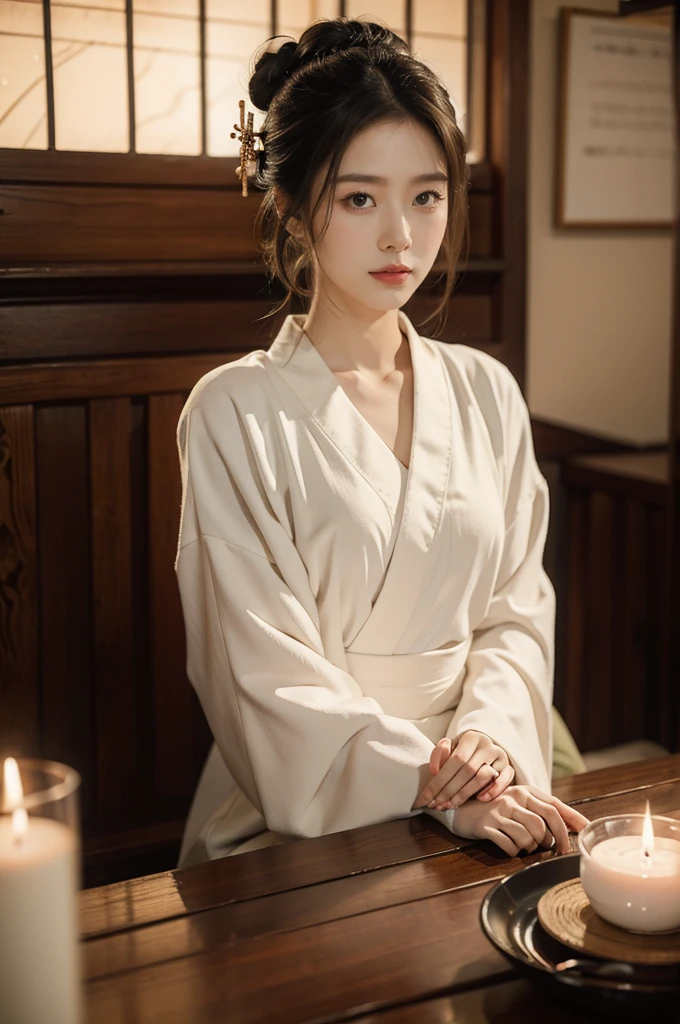 (((best quality))),(((ultra detailed))),(((masterpiece))),illustration,1girl,japanese woman,izakaya,summer,rain,kimono,neat bun,porcelain skin,rouge,dimly lit,warm glow,ethereal,low table,crossed legs,sake bottle,half-empty,empty glasses,tray,grilled fish,steamed vegetables,half-eaten,forgotten,melancholic smile,storm,solitude,enigmatic aura,tranquility,chaos,simplicity,complexity,emotions,sips sake,face softens,memories,frozen moment,photograph,glance,inner world,mysterious,captivating