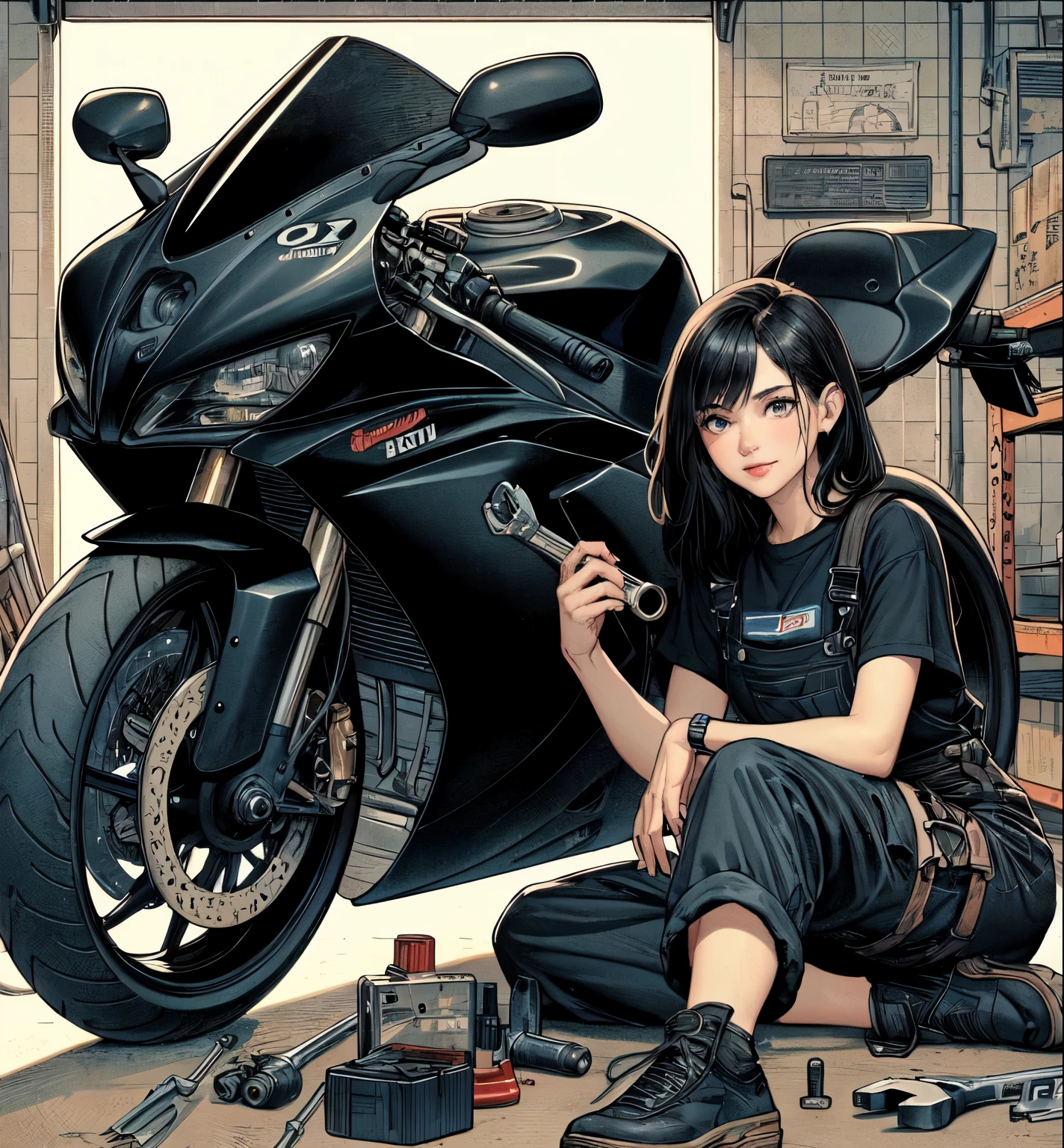 1 lady only, (squatting on a motorcycle) (one knee on the floor), Mechanic, (black tee), ((barely used jumpsuit) with sleeves tied at the waist), (mature woman:0.8), /(Bblack hair/) bangss, drlight smile, (oil stains on cheeks:1.1), (masterpiece best quality:1.2) ultra-detailed delicate illustration, breasts big, (holding wrench, chave inglesa), luva BREAK (garage) Inside the house, (motorcycle honda yzf-r1:1.1), various tools and parts, detailed back ground