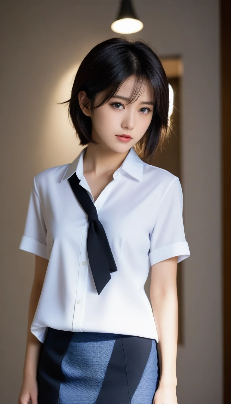 8k, Ultra-high resolution, Highest quality, masterpiece, 三分割法によるphotograph,Surreal, photograph, 1 Girl, (:1.3), pretty girl, Cute Face, Beautiful eyes in every detail, 細かくdetailedに,masterpiece,One Girl:1.2,Japanese female announcer,upper body,annoyed,Black short hair,Messy hair,White collared shirt,Pencil Skirt, Look forward, Standing posture, Opposition, Dynamic Lighting,Hotel room、 Sharp contours, Light from above, Low contrast, (Side view),Perfect and beautiful face ,完璧でCute Face, Skin with attention to detail, Perfect limbs、Narrow waist,Looking at the audience,(((Ideal body type))),A cup small breasts :2,Portraiture:2,Perfect Anatomy,鮮明なdetailed,detailed,Surreal,Light and shadow,darkness