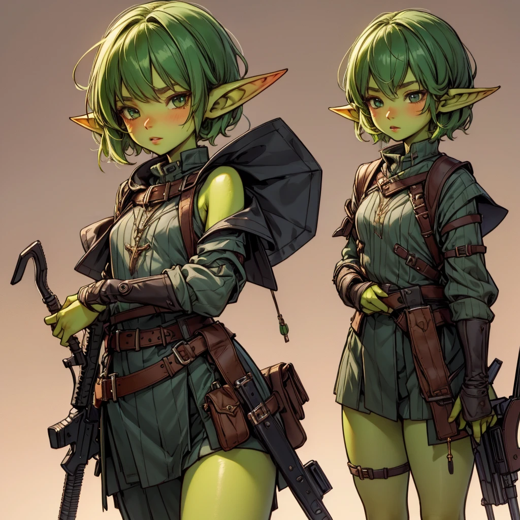 absurd resolution, ((best quality)), ((masterpiece)), (very detailed), 1girl, 4k, goblin girl, short stature,short hair, ((green skin)), small pointy ears, perfect skin, gunslinger 