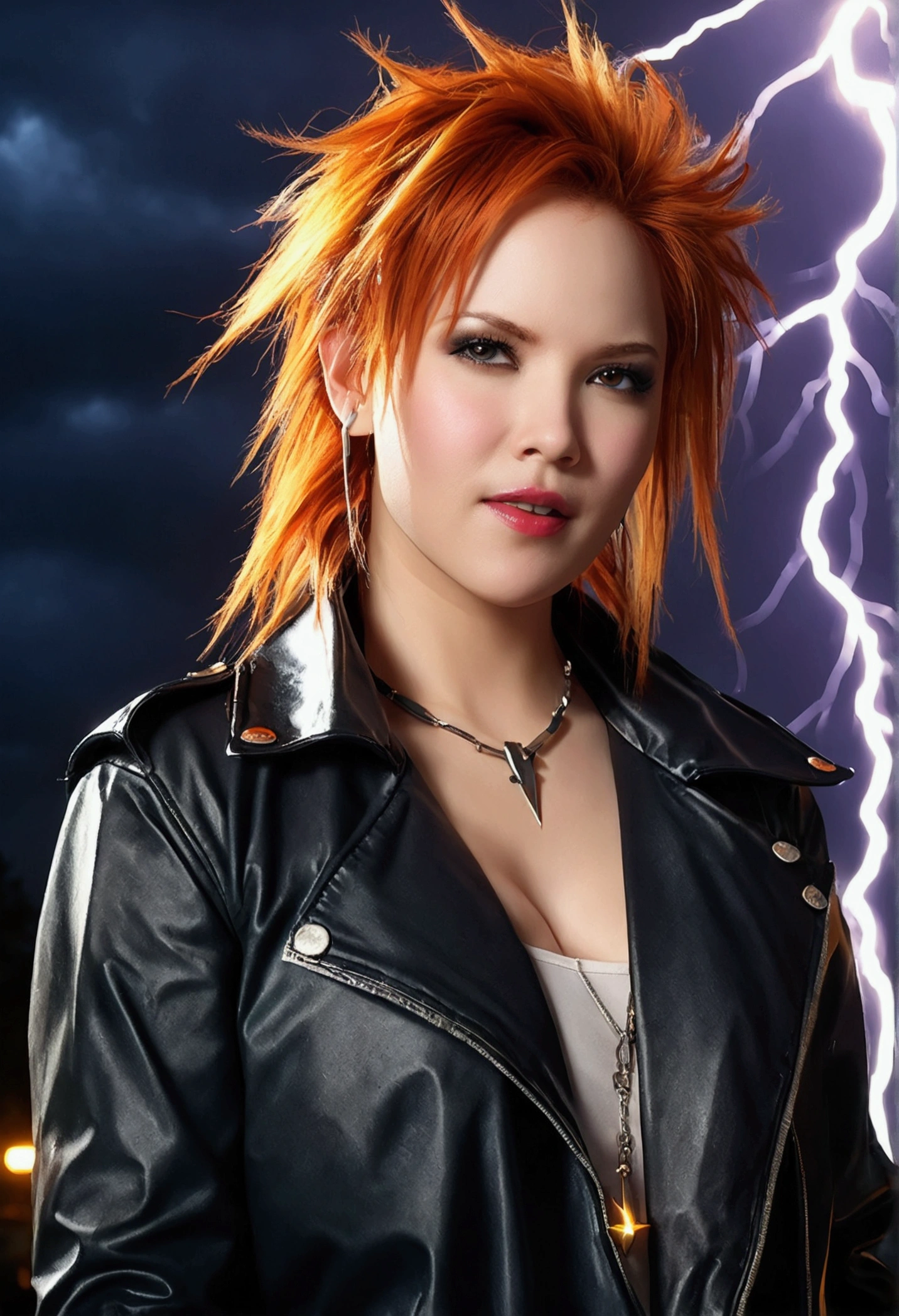 (Lightning illuminating the dark sky:1.7),Stormy Night, (Rain falling on a tomboy:1.3), Creates a dramatic and moody atmosphere.
Soaked Tomboy,Earrings,Punk Rock Fashion,Open jacket with chain,punk rock shirt,Punk rock pants with chains,Chain Accessories,choker,(Soaking wet,Rain dripping from my face,Wet Face,Wet your hair,Moisturized and radiant skin,Soaked costume,),(Shiny two-tone silver and orange hair,Short Ponytail),(Princess face composition,Big ample breasts,Pointed lips,Red lipstick,Cute round face,A smile that makes people happy,blush with embarrassment,blush,),Bold sexy pose,squat,
(In 8K, RAW Photos, Highest quality, Tabletop,),(Realistic,highly detailed photos,Digital SLR,),(Picture Mode Ultra HD),