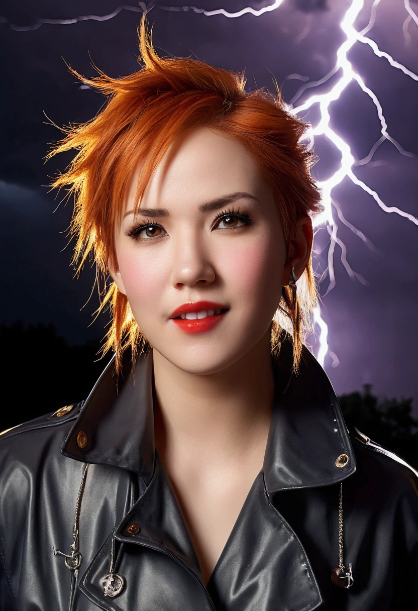 (Lightning illuminating the dark sky:1.7),Stormy Night, (Rain falling on a tomboy:1.3),  Creates a dramatic and moody atmosphere.
Soaked Tomboy,Earrings,Punk Rock Fashion,Open jacket with chain,punk rock shirt,Punk rock pants with chains,Chain Accessories,choker,(Soaking wet,Rain dripping from my face,Wet Face,Wet your hair,Moisturized and radiant skin,Soaked costume,),(Shiny two-tone silver and orange hair,Short Ponytail),(Princess face composition,Big ample breasts,Pointed lips,Red lipstick,Cute round face,A smile that makes people happy,blush with embarrassment,blush,),Bold sexy pose,squat,
(In 8K, RAW Photos, Highest quality, Tabletop,),(Realistic,highly detailed photos,Digital SLR,),(Picture Mode Ultra HD),