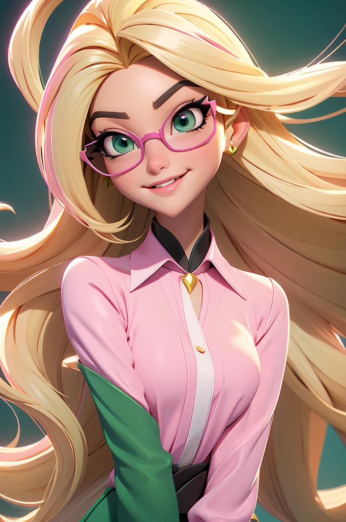 Create a character of a stunning disney woman. blond, fine and long hair, white skin tone, eyes black, Square-shaped prescription glasses, thin lips, smiling, Wearing a pink blouse and green pants.