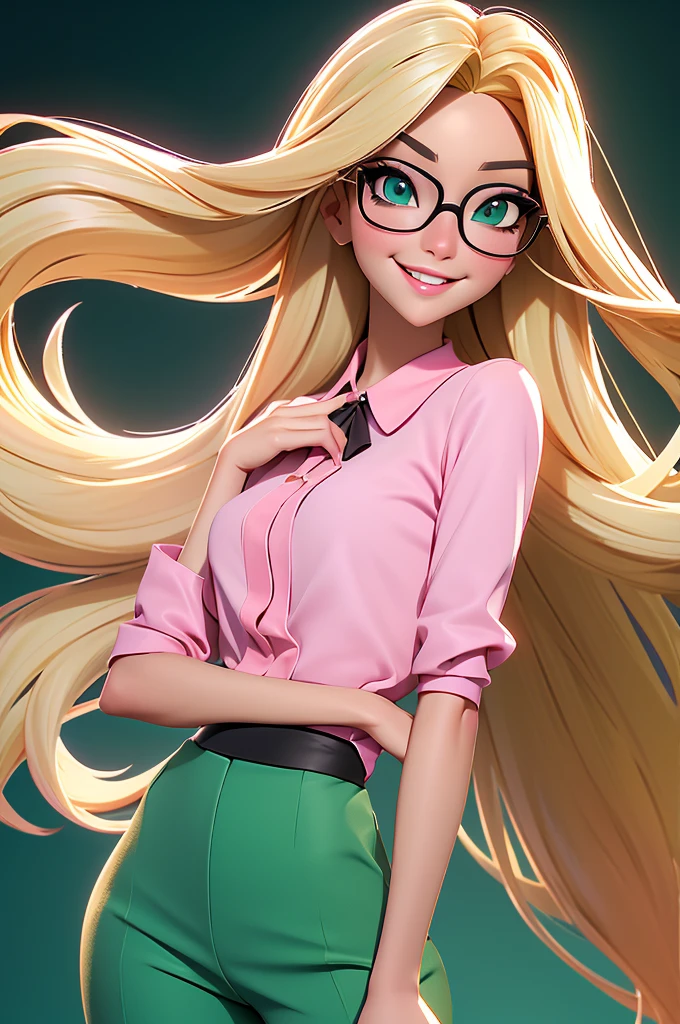 Create a character of a stunning disney woman. blond, fine and long hair, white skin tone, eyes black, Square-shaped prescription glasses, thin lips, smiling, Wearing a pink blouse and green pants.