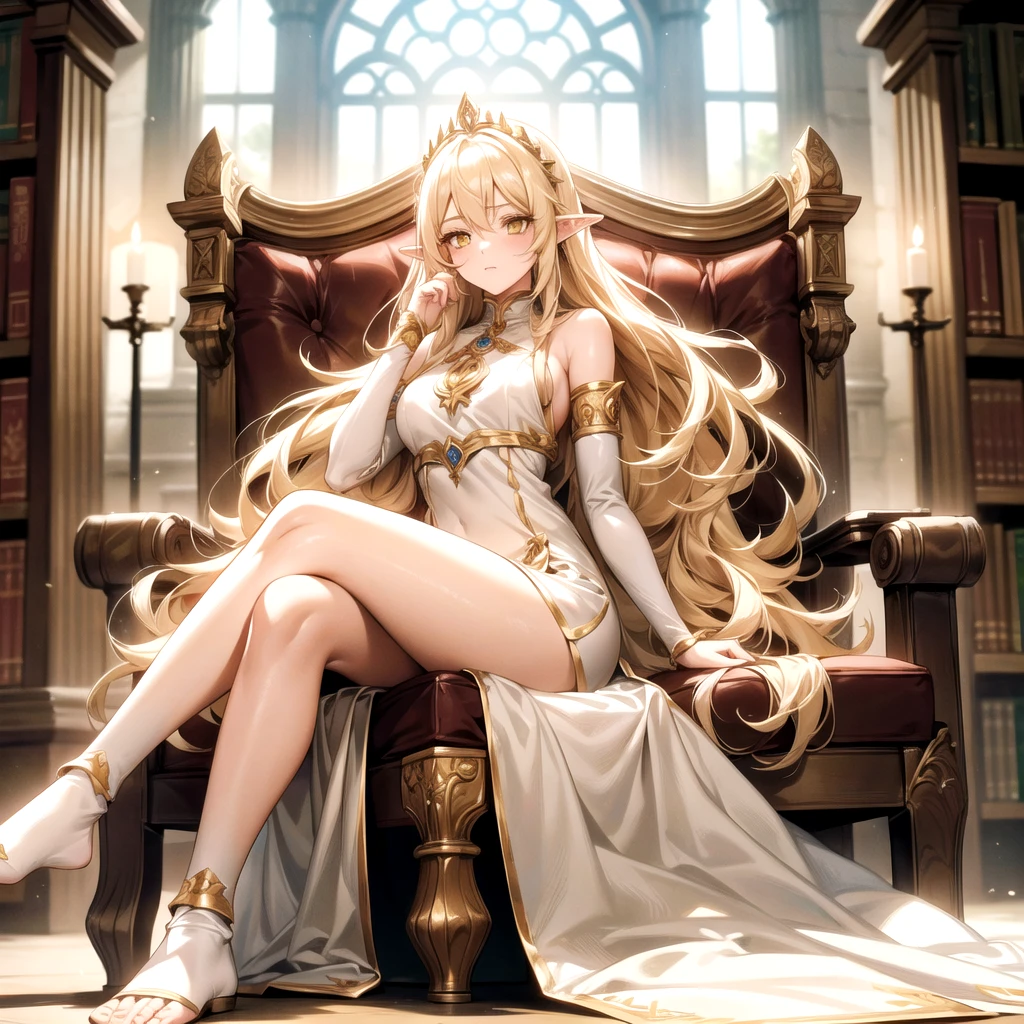1 elf girl, long blonde hair, yellow eyes, wearing creamy white elf dress, brown accessories on arm wrists and ankles, sitting in a throne inside a library, high res, ultrasharp, 8k, masterpiece