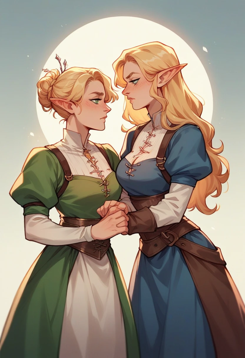 Create a blonde elf with two white strands in her hair, sin medieval times