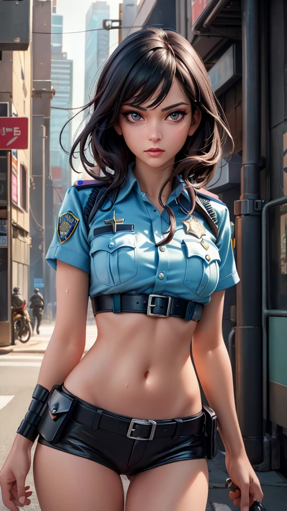 ((((masterpiece, best quality, high resolution)))), Extremely detailed 8K, 1 female, (Police Officer) wearing a cyberpunk police uniform and gear, (Ultra HD, Ultra-detailed, Highly detailed, Highly realistic, Ultra-realistic, photograph realistic), (1girl:1.5), (Realistic black hair), (dynamic poses), facing at camera, looking at viewer, (a serious focus face), (regular black eyes, sharp eyes), (perky breasts:1.2), (beautifully detailed face, beautiful detailed eyes), ((preparing for a police patrol)), (streets background), sweat, glow, (sunbeam, sunlight), ((cowboy shot)), seductive, EnvyBetterHands LoCon,