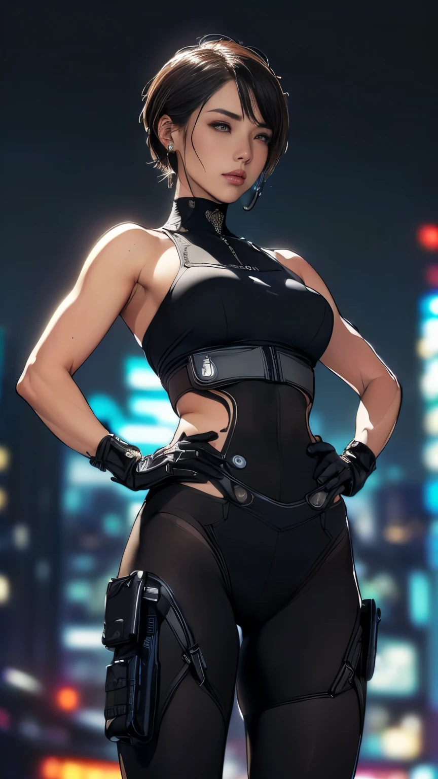 (A woman),(((Future female police officer standing))),((Black tactical tights:1.5)),((Camel toe:1.5)),((earphone:1.5)),((Tactical Holster:1.5)),(Gloves:1.5),(((Hands on Hips:1.5))),(front:1.5),(From below:1.2),(Super short hair:1.5),(bionde:1.5),(beautiful eyes:1.3),(Very detailedな顔:1.5),((Very detailed drawing of a female hand:1.5)),((muscular:1.5)),(Sexy look:1.5),((Thick thighs:1.5)),(Beautiful Body:1.5),((Very sensual:1.5)),(The backdrop is a futuristic city:1.5),(Cyberpunk atmosphere:1.5),(((Blurred Background:1.5))),(Written border depth:1.5),rest(((masterpiece:1.5),(best quality:1.5),(Very detailed:1.5),(high resolution:1.5),(Practical:1.5),(Practical:1.5),(Delicate depiction),(Carefully drawn))),8k,wallpaper