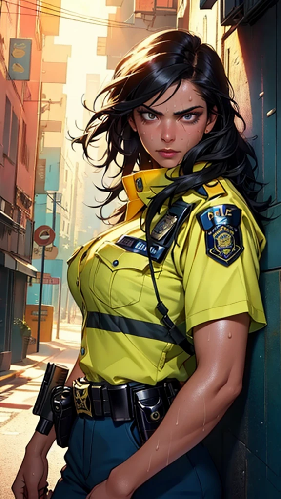 ((((masterpiece, best quality, high resolution)))), Extremely detailed 8K, 1 female, (Police Officer) wearing a cyberpunk police uniform and gear, (Ultra HD, Ultra-detailed, Highly detailed, Highly realistic, Ultra-realistic, photograph realistic), (1girl:1.5), (Realistic black hair), (dynamic poses), facing at camera, looking at viewer, (a serious focus face), (regular black eyes, sharp eyes), (perky breasts:1.2), (beautifully detailed face, beautiful detailed eyes), ((preparing for a police patrol)), (streets background), sweat, glow, (sunbeam, sunlight), ((cowboy shot)), seductive, EnvyBetterHands LoCon,