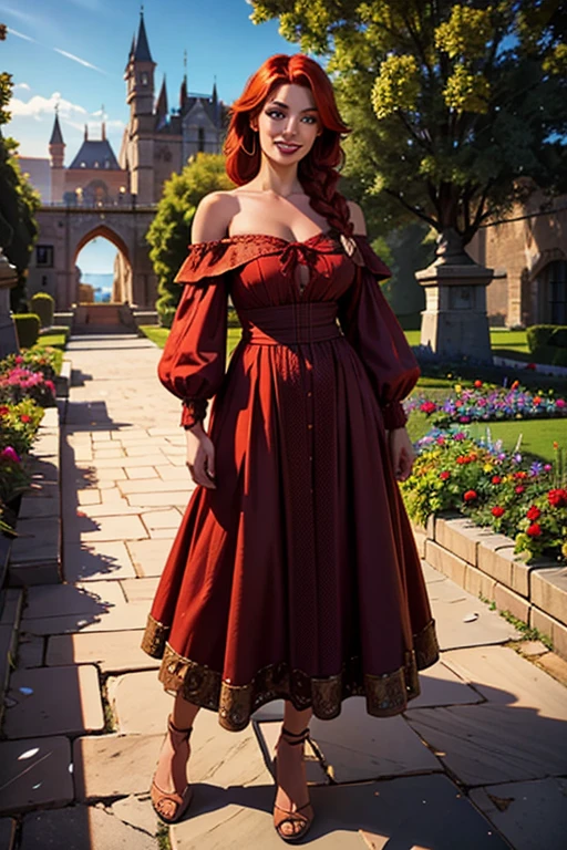a beautiful girl with long red hair in a braid, wearing a off-the-shoulder dress, standing in a castle courtyard with a flower garden, looking directly at the viewer with a cute smile, detailed facial features including big blue eyes, freckles, and makeup, dynamic angle and pose, rule of thirds composition, dynamic perspective, dynamic line of action, full-body shot, 50mm lens, highly detailed, HDR lighting, cinematic composition, perfect anatomy, no underwear, large breasts