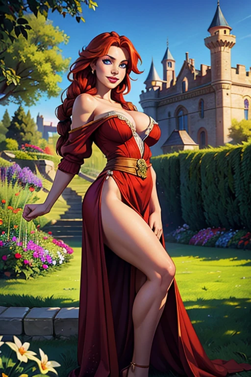 a beautiful girl with long red hair in a braid, wearing a off-the-shoulder dress, standing in a castle courtyard with a flower garden, looking directly at the viewer with a cute smile, detailed facial features including big blue eyes, freckles, and makeup, dynamic angle and pose, rule of thirds composition, dynamic perspective, dynamic line of action, full-body shot, 50mm lens, highly detailed, HDR lighting, cinematic composition, perfect anatomy, no underwear, large breasts