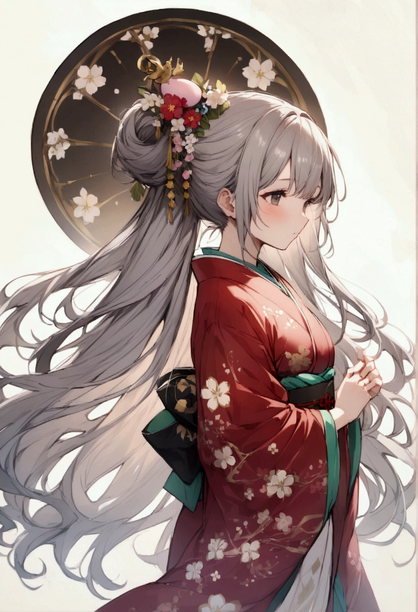 Beautifully tied hair、Easter Piece, Highest quality:1.2), One girl, solo,Long Hair、Gray Hair、Plum blossom、Plum family crest、Red kimono、Gray HairのLong Hair、Gray Hair、Long Hair、Plum motif accessories、Plum pattern、White Background、whole body、breathe,breathe、Put your hair up、