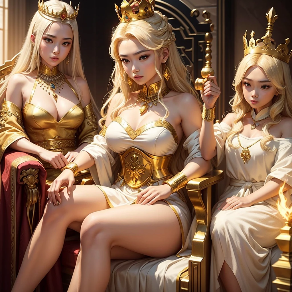 Asian queen sitting on the throne, blonde woman holding a golden scepter, with gold jewelry and a golden crown on her head. wearing awhite dress, with brown details and animal hair on the shoulders