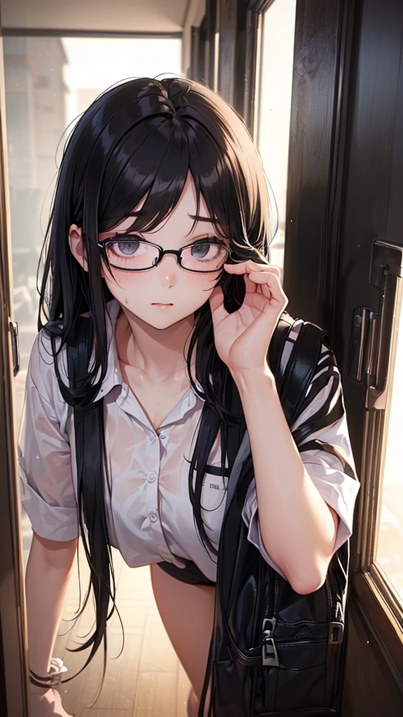 summer、Empty classroom、thick、Sweat、、high school girl、Student Bags、、Low length、(((((Eyes hidden by long bangs)))))、(((Long black hair:1.2 hair band)))(((Black-rimmed glasses:1.2 black eye)))、Backlight、evening、Nostalgic atmosphere、Look at this、Front view、Full Body Shot、glamorous、I'm not wearing socks、Checked mini skirt、Navy knit vest、Are standing、sneakers、Skirt Lift、Showing her mysterious side、avert your eyes、Grey plaid pleated skirt, Blue checked bow tie)), White panties, (Are standing, , Lift up your skirt, Grab the hem of your skirt,Pull down your panties、Thin pubic hair is visible、glamorous、Thick legs、