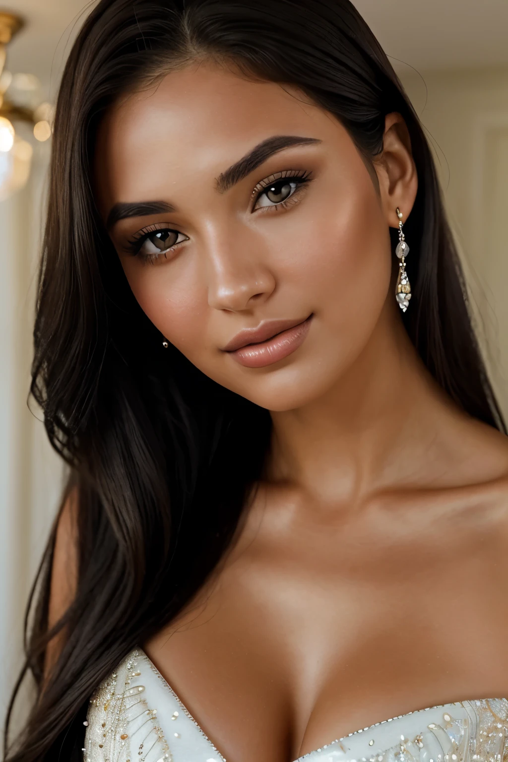 Higher resolution frontal portrait photo of a woman named Lydia Grace, showcasing a radiant oval face that exudes an irresistible elegance and charm. Her long, straight, and cascading black hair falls gracefully over her shoulders, adding a mysterious allure to her enchanting appearance. Her mesmerizing light honey-brown eyes, filled with intelligence and warmth, captivate the viewer with their sparkling gaze.

Lydia's features are perfectly balanced, with an elegant nose and softly defined cheekbones that add to her timeless beauty. Her radiant smile, full and rosy, can light up any room, leaving an everlasting impression on