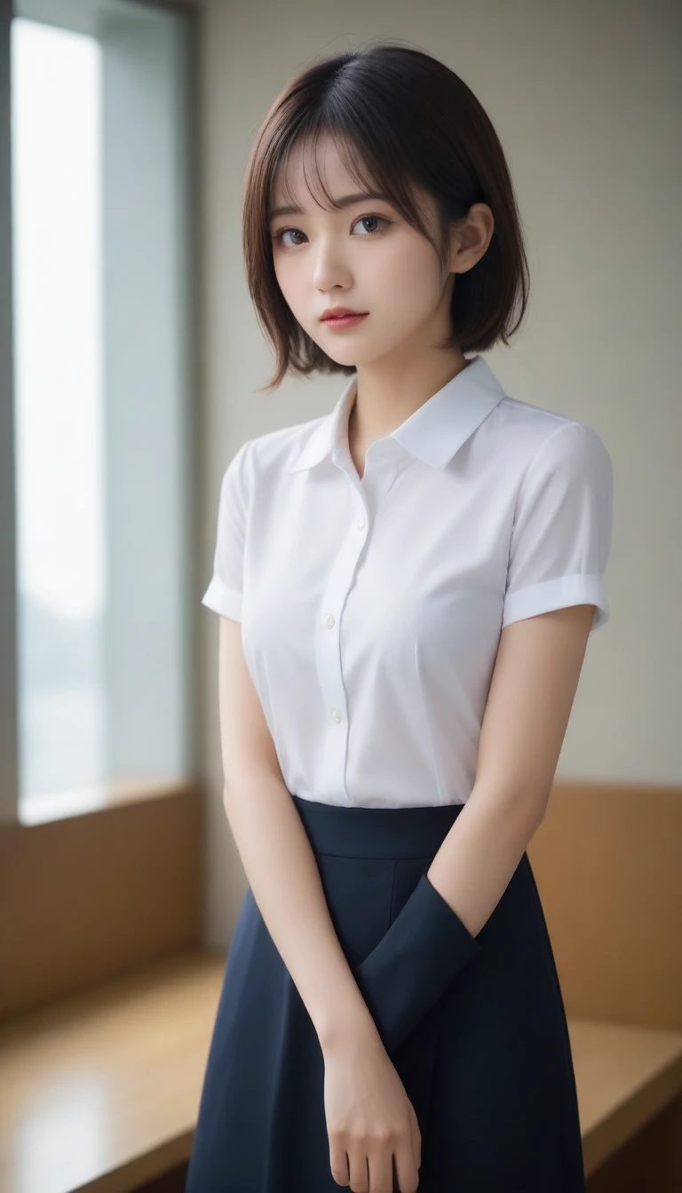 8k, Ultra-high resolution, Highest quality, masterpiece, 三分割法によるphotograph,Surreal, photograph, 1 Girl, (16 years old:1.3), pretty girl, Cute Face, Beautiful eyes in every detail, 細かくdetailedに,masterpiece,One Girl:1.2,Japanese female announcer,upper body,annoyed,Black short hair,Messy hair,White collared shirt,Pencil Skirt, Look forward, Standing posture, Opposition, Dynamic Lighting,Hotel room、 Sharp contours, Light from above, Low contrast, (Side view),Perfect and beautiful face ,完璧でCute Face, Skin with attention to detail, Perfect limbs、Narrow waist,Looking at the audience,(((Ideal body type))),A cup small breasts :2,Portraiture:2,Perfect Anatomy,鮮明なdetailed,detailed,Surreal,Light and shadow,darkness