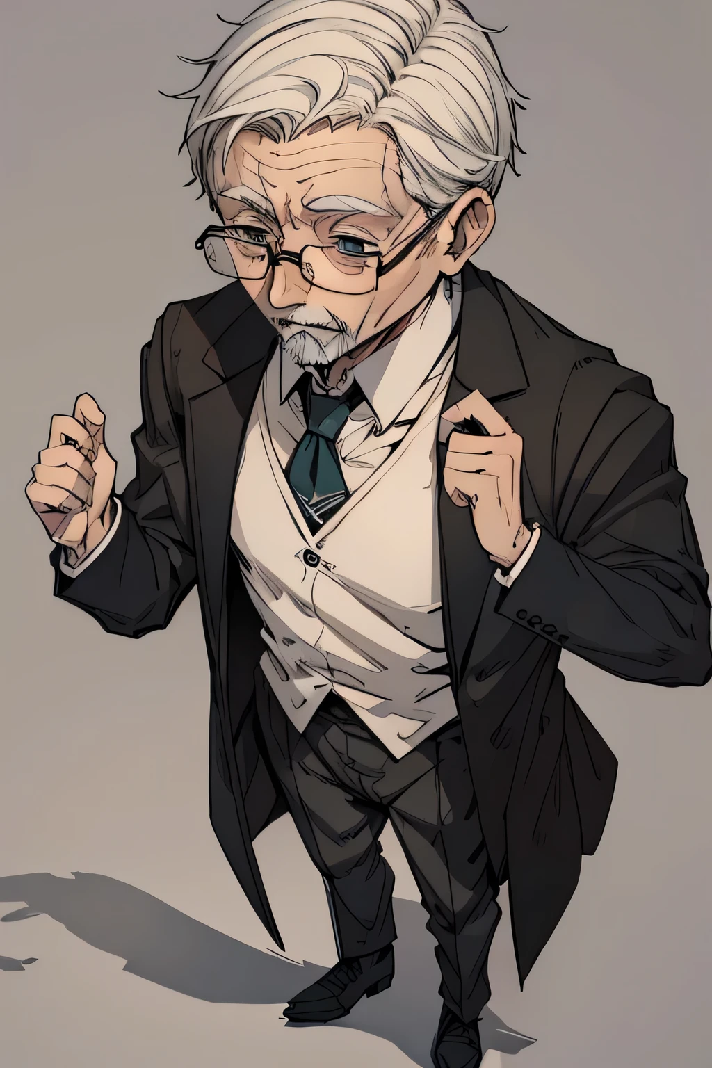 An old man with glasses, wearing butler clothes, fully body