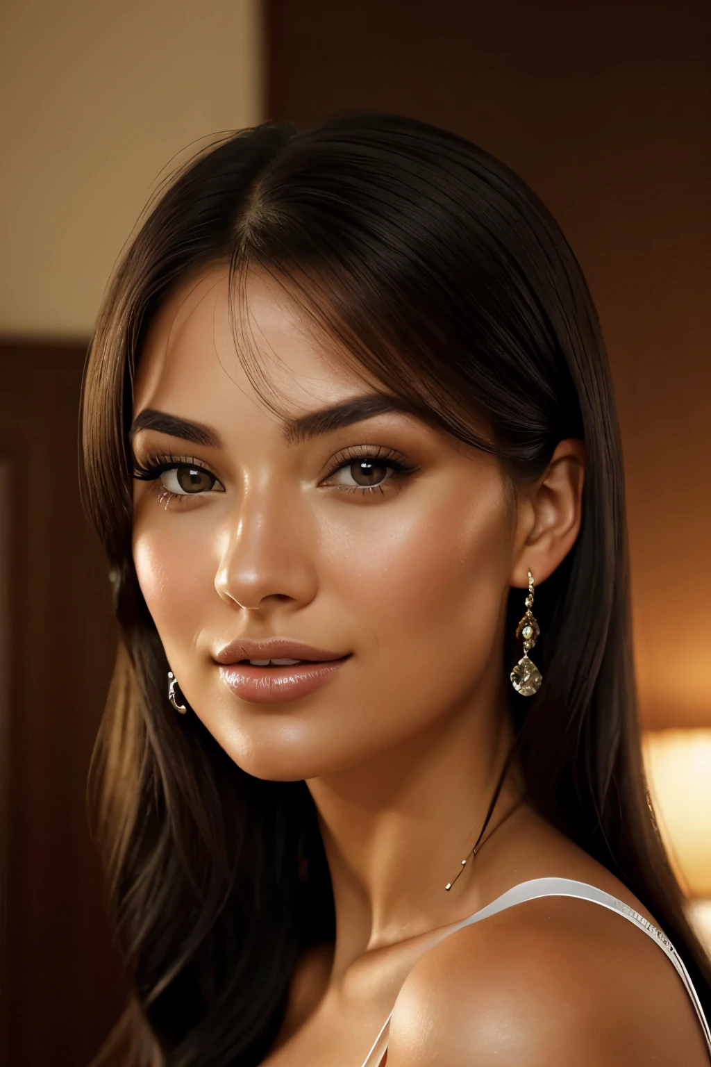 Higher resolution frontal portrait photo of a woman named Lydia Grace, showcasing a radiant oval face that exudes an irresistible elegance and charm. Her long, straight, and cascading black hair falls gracefully over her shoulders, adding a mysterious allure to her enchanting appearance. Her mesmerizing light honey-brown eyes, filled with intelligence and warmth, captivate the viewer with their sparkling gaze.

Lydia's features are perfectly balanced, with an elegant nose and softly defined cheekbones that add to her timeless beauty. Her radiant smile, full and rosy, can light up any room, leaving an everlasting impression on