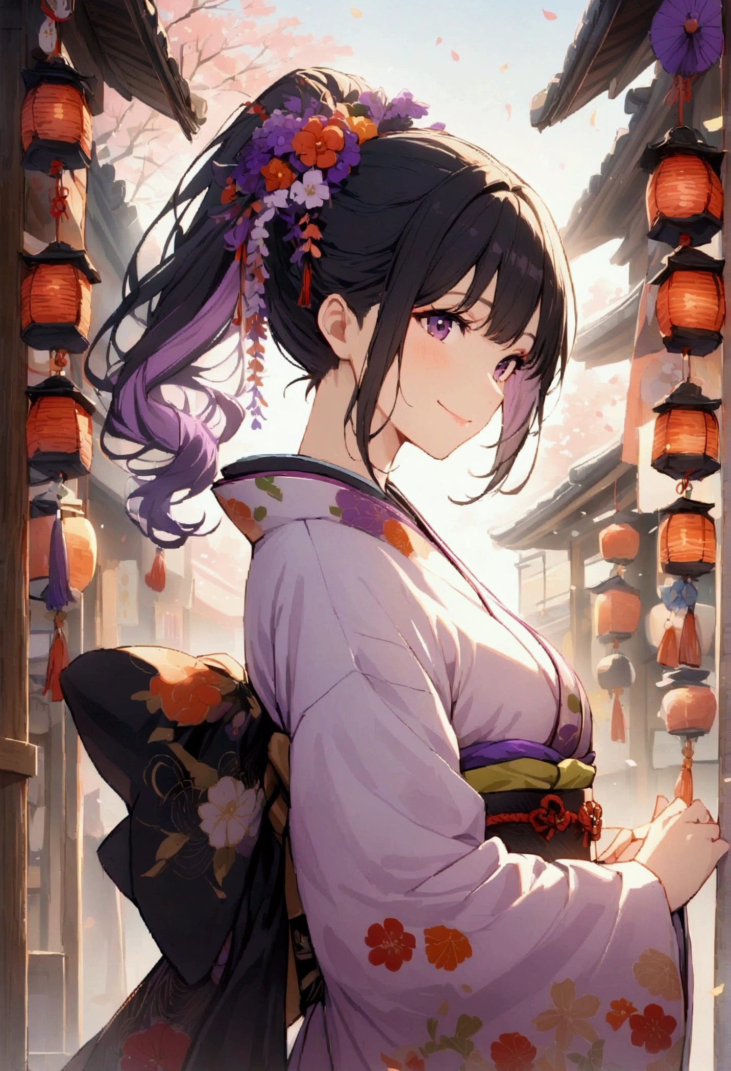 Kyoto, High resolution, Highest quality, 1 girl solo, smile, kimono, Black Hair, Purple highlights, ponytail