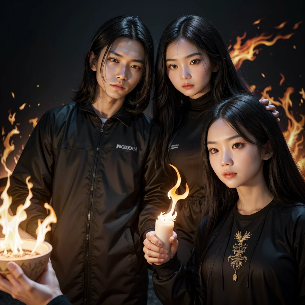 A black phoenix and a young Asian woman surrounded by black fire.