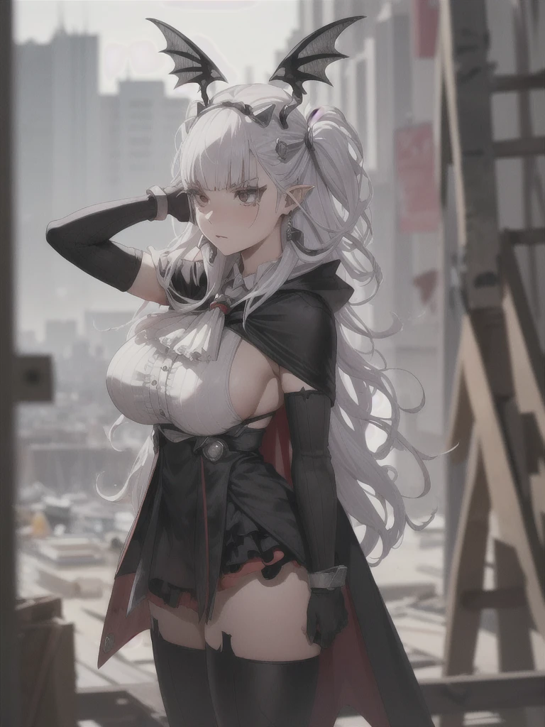 (high details, high quality:1.1), (ultra realistic, HDR:1.1),(eyeliner,long lashes, mascara:1.1), construction site, building under construction, helmet on head, (blurry background:1.2),(large breast:1.1),fighting stance ,full body,(solo:1.1), (1girl), draculina,
elbow gloves,
black gloves,
cape,