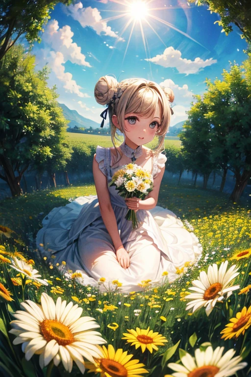 Anatomically correct, masterpiece, Highest quality,One girl, Flower Field, Bun Hair, Fisheye Shot, 